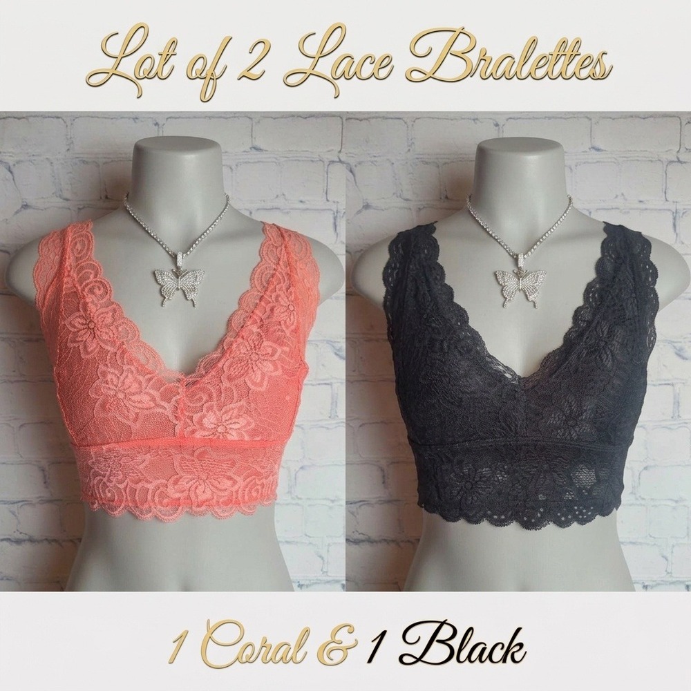 Lot of 2 Floral Lace Bralettes Sz S Black & Coral Racerback by Wanna B